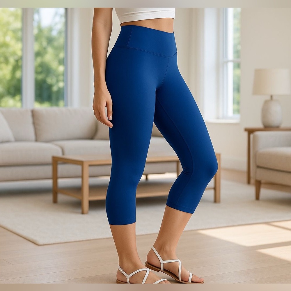 OS/TC NEW Womens Royal Blue Capri Leggings High Waisted Buttery Soft Yoga Pants